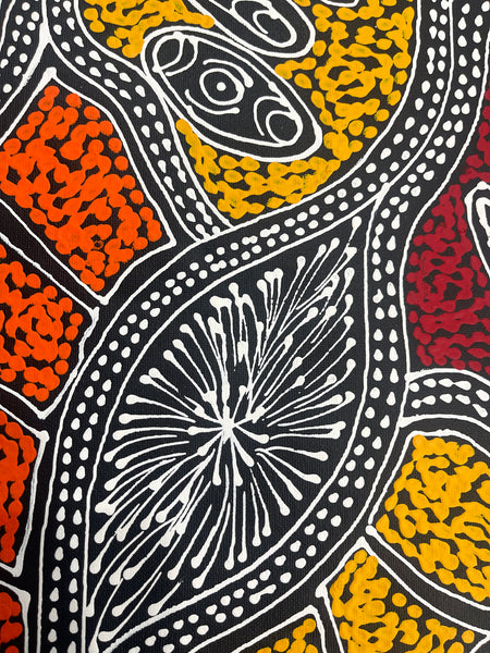 #104 My Country Dreaming (Red/Orange/White) - SHARON NUMINA : Aboriginal Art: 38x54cm