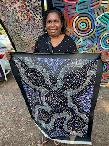 #128 Women Collecting Bush Medicine Leaves & Seeds as the Waterholes (Multi)- SELINA NUMINA : Aboriginal Art: 80x97cm