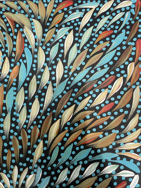 #335 Bush Medicine Leaves & Seeds (Kookaburra) - CAROLINE NUMINA : Aboriginal Art: 39x53cm