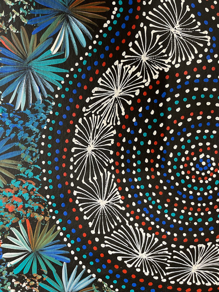 #111 Waterholes & Bush Medicine Leaves (Blues)- SELINA NUMINA Aboriginal Art:  75cm x 153cm