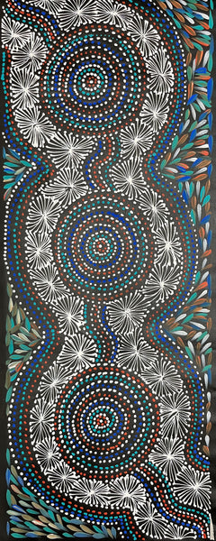 #243 Waterholes & Bush Medicine Leaves (Blues) - SELINA NUMINA Aboriginal Art:  43cm x 112cm