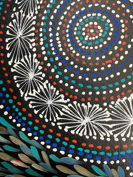 #243 Waterholes & Bush Medicine Leaves (Blues) - SELINA NUMINA Aboriginal Art:  43cm x 112cm