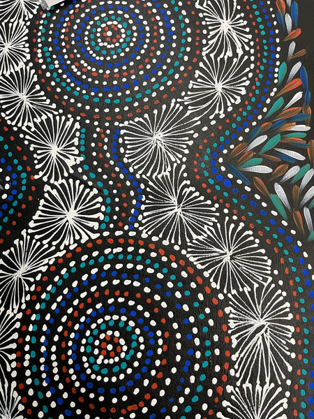 #243 Waterholes & Bush Medicine Leaves (Blues) - SELINA NUMINA Aboriginal Art:  43cm x 112cm
