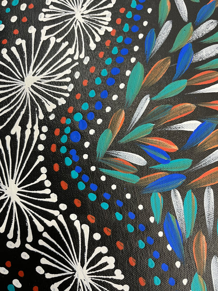 #243 Waterholes & Bush Medicine Leaves (Blues) - SELINA NUMINA Aboriginal Art:  43cm x 112cm