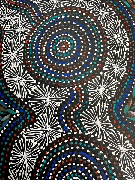 #243 Waterholes & Bush Medicine Leaves (Blues) - SELINA NUMINA Aboriginal Art:  43cm x 112cm