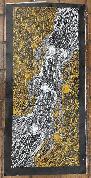 #390 Underground Water Dreaming (Earth/Yellow) - JANET LONG NAKAMARRA: Aboriginal Art: 38x90cm