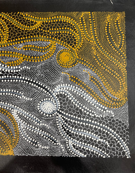 #390 Underground Water Dreaming (Earth/Yellow) - JANET LONG NAKAMARRA: Aboriginal Art: 38x90cm