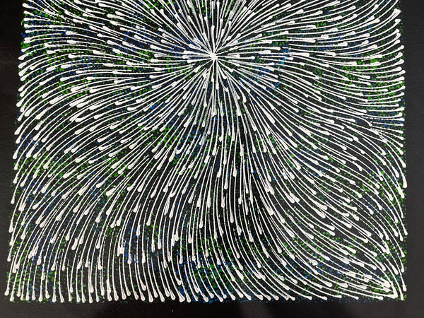 #340 Bush Medicine Seeds (Green/Blues/White) - SHARON NUMINA : Aboriginal Art: 43x53cm