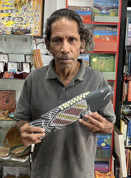 #325 Hand Carved Black Barramundi - KENNY REID Aboriginal Art:  36cm x 9cm x 5cm