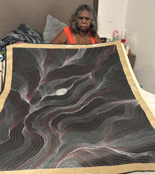 #104 My Country Dreaming (Red/White) ANNA PETYARRE: Aboriginal Art: 95cm x 115cm