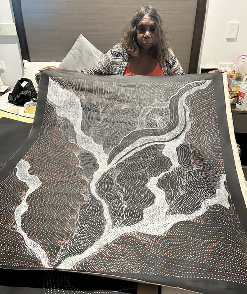 #166 My Country Dreaming (Black/White/Red) ANNA PETYARRE: Aboriginal Art: 96cm x 116cm