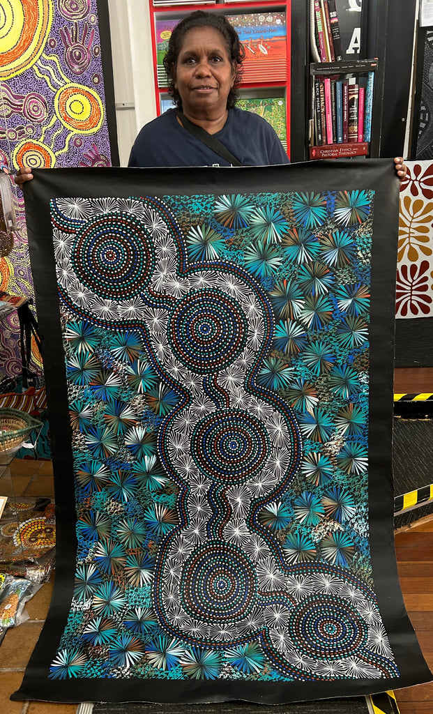 #323 Bush Leaves & Waterholes (Kookaburra)- SELINA NUMINA : Aboriginal Art 90cm x 147cm