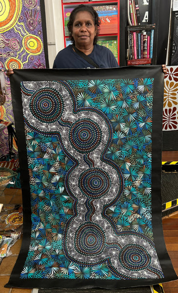 #323 Bush Leaves & Waterholes (Kookaburra)- SELINA NUMINA : Aboriginal Art 90cm x 147cm