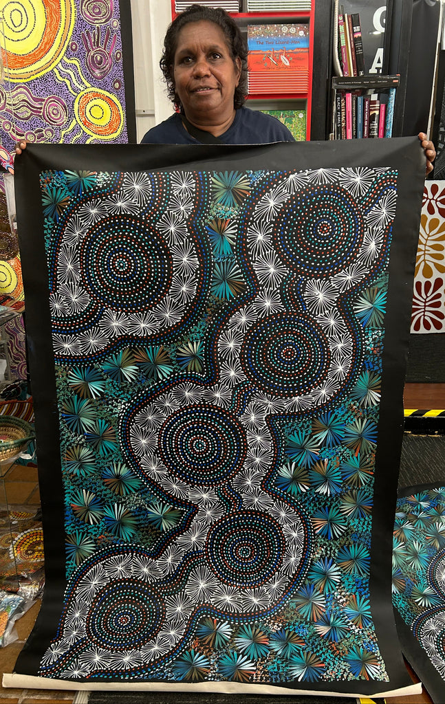 #131 Bush Leaves & Waterholes (Kookaburra)- SELINA NUMINA : Aboriginal Art 90cm x 147cm