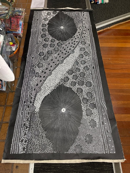 #293 Water Dreaming - Ngapa (Black/White)- JANET LONG NAKAMARRA: Aboriginal Art: 90x200cm