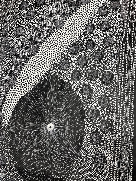 #293 Water Dreaming - Ngapa (Black/White)- JANET LONG NAKAMARRA: Aboriginal Art: 90x200cm