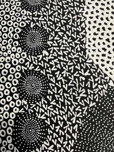 #213 Water Dreaming Ngapa (Blk/Whte) JANET LONG NAKAMARRA Aboriginal Art: 90cm x 97cm