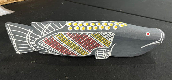 #325 Hand Carved Black Barramundi - KENNY REID Aboriginal Art:  36cm x 9cm x 5cm