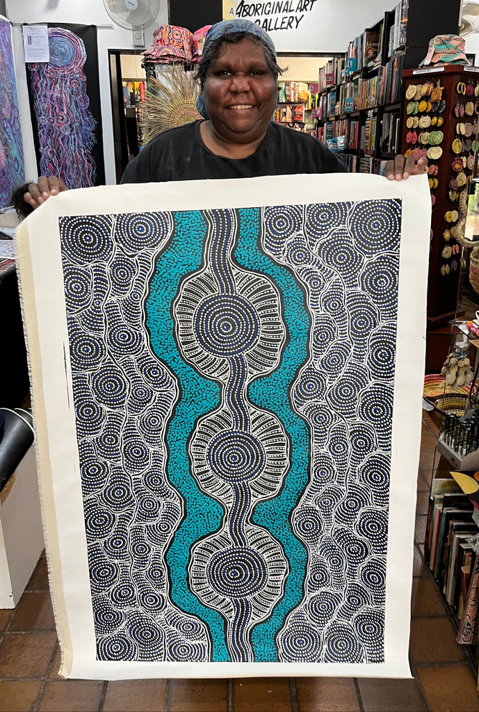 #305 My Country Emu Dreaming (Blue)  - SHARON NUMINA  Aboriginal Art:  69cm x 108cm