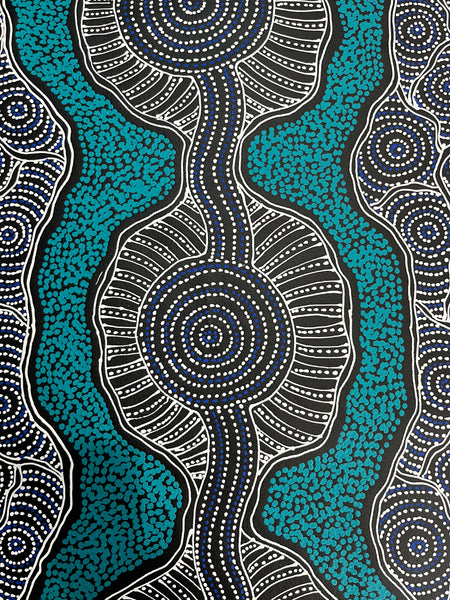 #305 My Country Emu Dreaming (Blue)  - SHARON NUMINA  Aboriginal Art:  69cm x 108cm