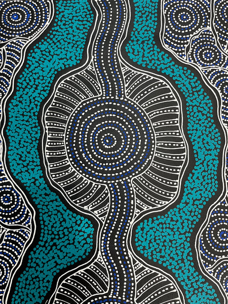 #305 My Country Emu Dreaming (Blue)  - SHARON NUMINA  Aboriginal Art:  69cm x 108cm