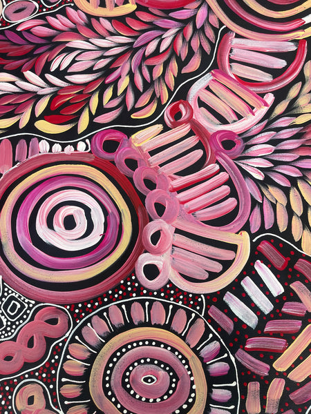 #170 My Dreamtime Stories (Pink)- LOUISE NUMINA : Aboriginal Art: 96x113cm