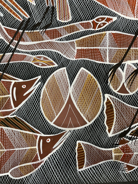 #205 Billabong Scene  - EDDIE BLITNER Aboriginal Art:  145cm x 89cm