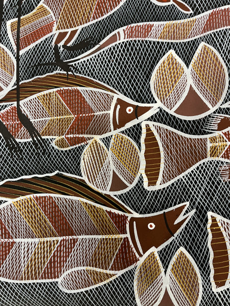 #205 Billabong Scene  - EDDIE BLITNER Aboriginal Art:  145cm x 89cm