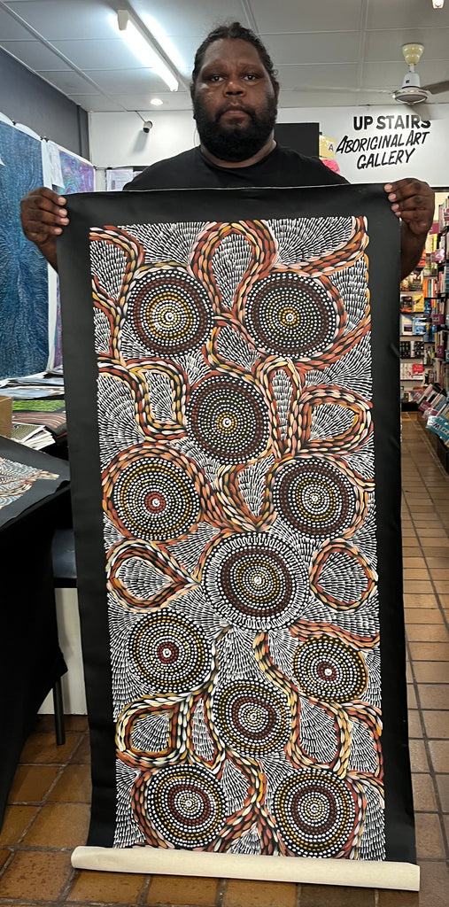 #97 Waterholes & Bush Medicine Leaves (Earth) - SCOTT DUGGIE Aboriginal Art: 62cm x 149cm