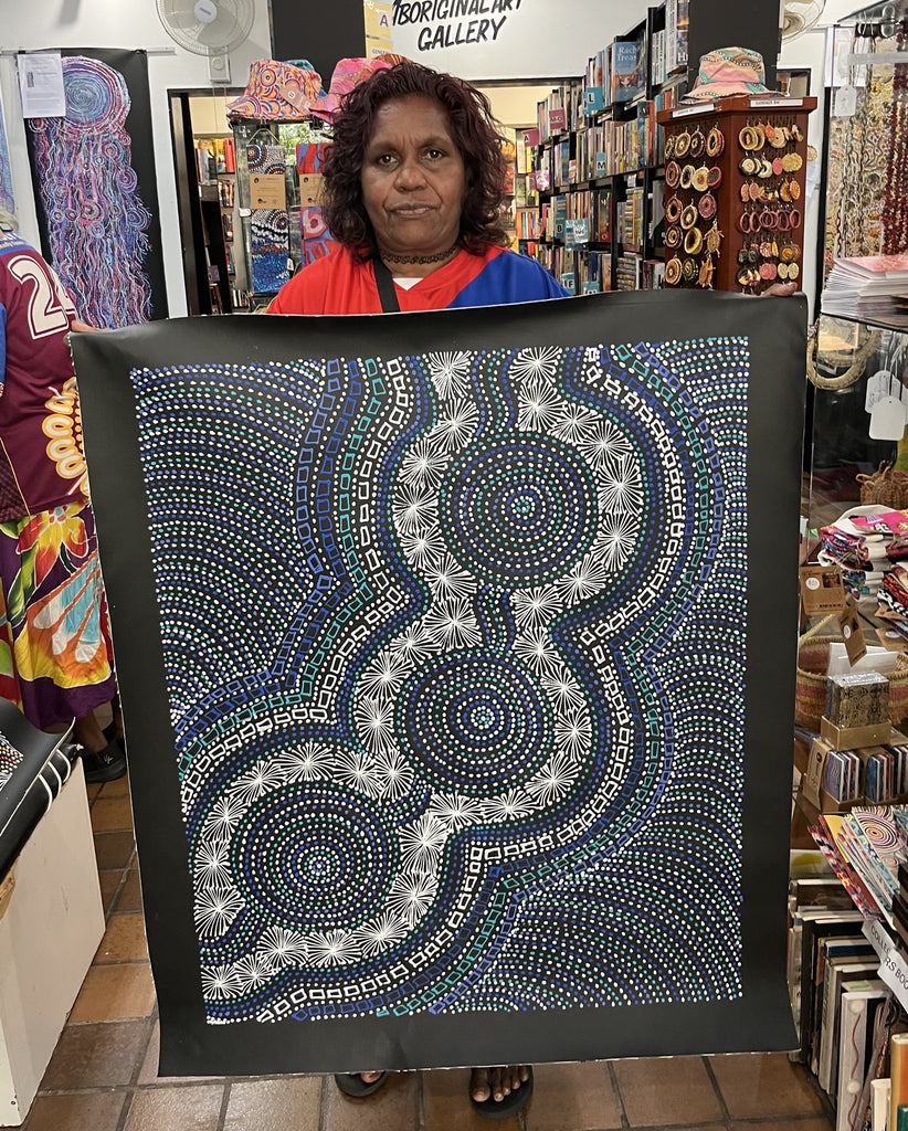#322 Waterhole Dreaming (Blues) - SELINA NUMINA Aboriginal Art:  77cm x 93cm