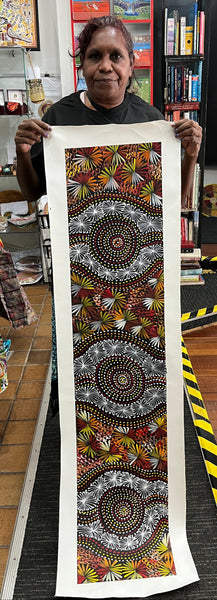 #242 Waterholes & Bush Medicine Leaves (Sunset)  - SELINA NUMINA Aboriginal Art:  30cm X 140cm