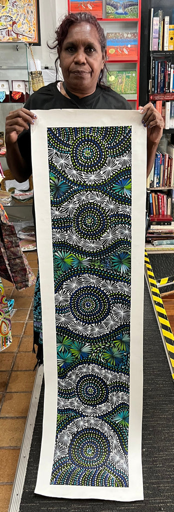 #241 Waterholes & Bush Medicine Leaves (Blues/Greens) - SELINA NUMINA Aboriginal Art:  30cm X 140cm