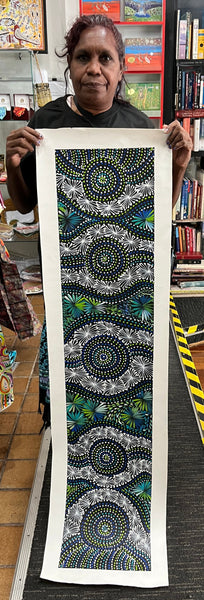 #241 Waterholes & Bush Medicine Leaves (Blues/Greens) - SELINA NUMINA Aboriginal Art:  30cm X 140cm