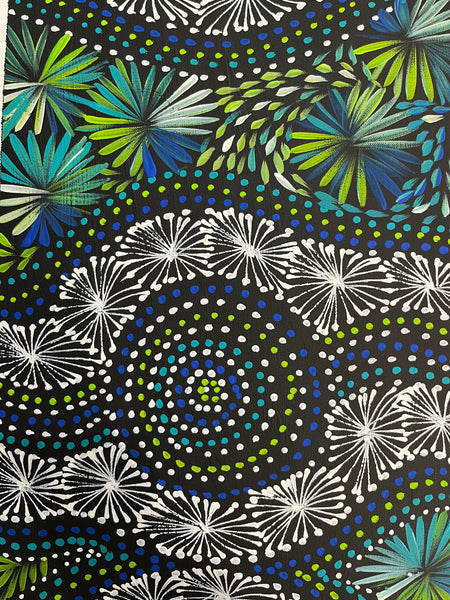#241 Waterholes & Bush Medicine Leaves (Blues/Greens) - SELINA NUMINA Aboriginal Art:  30cm X 140cm