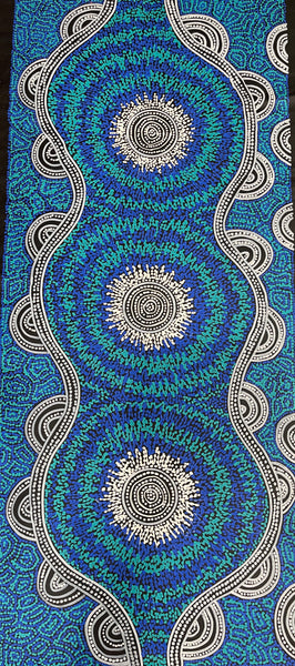 #208 Emu Dreaming (Blues - SHARON NUMINA : Aboriginal Art: 61x139cm