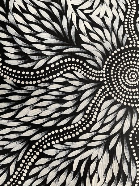 #376 Bush Medicine Leaves & Waterholes (White) - CAROLINE NUMINA : Aboriginal Art: 91x55cm