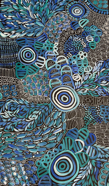 #5 My Dreamtime Stories (Blue/White)- LOUISE NUMINA : Aboriginal Art: 95x154cm