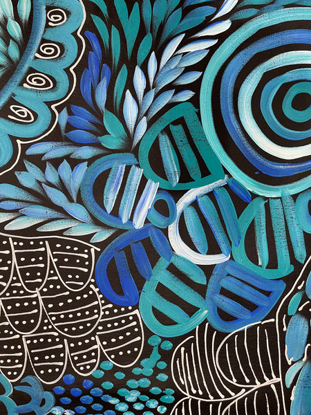 #5 My Dreamtime Stories (Blue/White)- LOUISE NUMINA : Aboriginal Art: 95x154cm