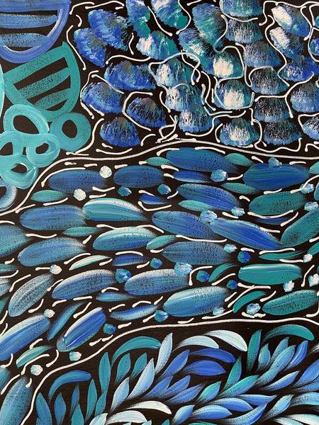 #5 My Dreamtime Stories (Blue/White)- LOUISE NUMINA : Aboriginal Art: 95x154cm