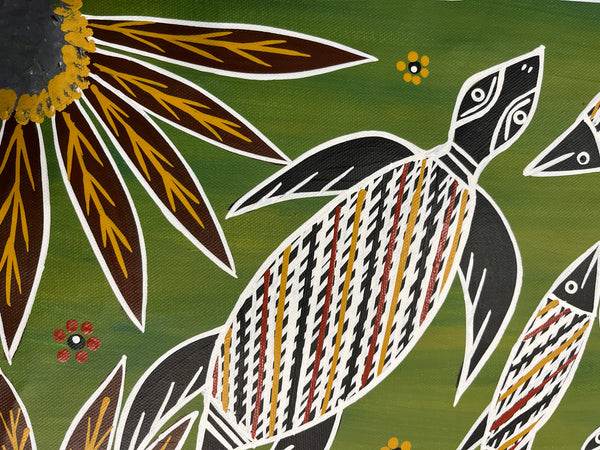 #64 Turtle Dreaming (Green) - CHRISTINE BURARRWANGA Aboriginal Art:  38cm x 95cm