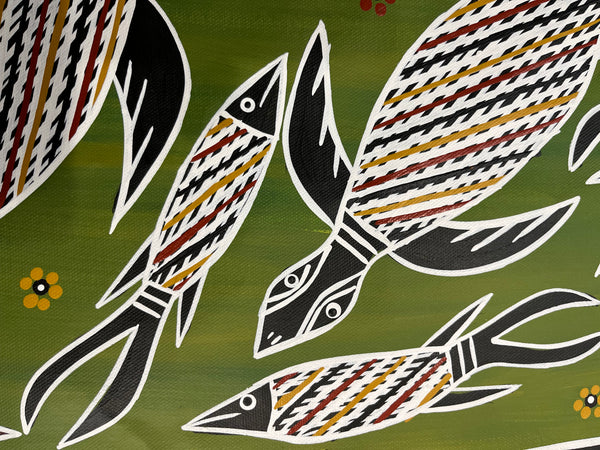 #64 Turtle Dreaming (Green) - CHRISTINE BURARRWANGA Aboriginal Art:  38cm x 95cm