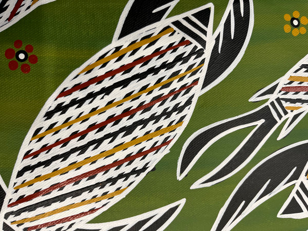 #64 Turtle Dreaming (Green) - CHRISTINE BURARRWANGA Aboriginal Art:  38cm x 95cm