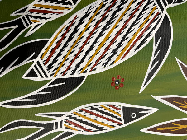 #64 Turtle Dreaming (Green) - CHRISTINE BURARRWANGA Aboriginal Art:  38cm x 95cm