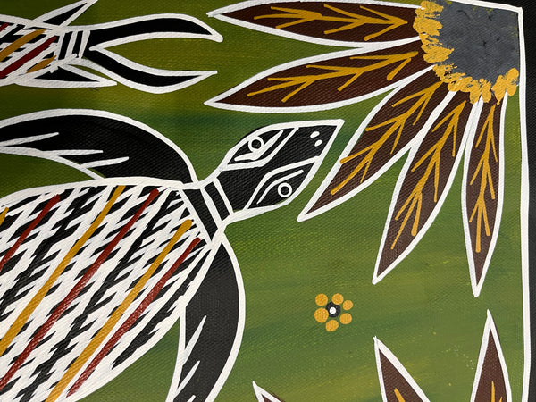 #64 Turtle Dreaming (Green) - CHRISTINE BURARRWANGA Aboriginal Art:  38cm x 95cm