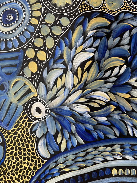 #173 My Dreamtime Stories (Blue/Yellow)- LOUISE NUMINA : Aboriginal Art: 134x96cm