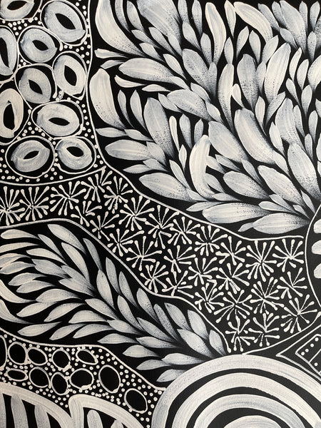 #373 My Dreamtime Stories (Whites)- LOUISE NUMINA : Aboriginal Art: 98x113cm
