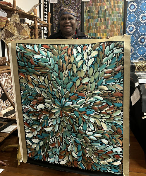 #115 Bush Medicine Leaves  (Kookaburra) - LOUISE NUMINA Aboriginal Art:  97cm 118cm