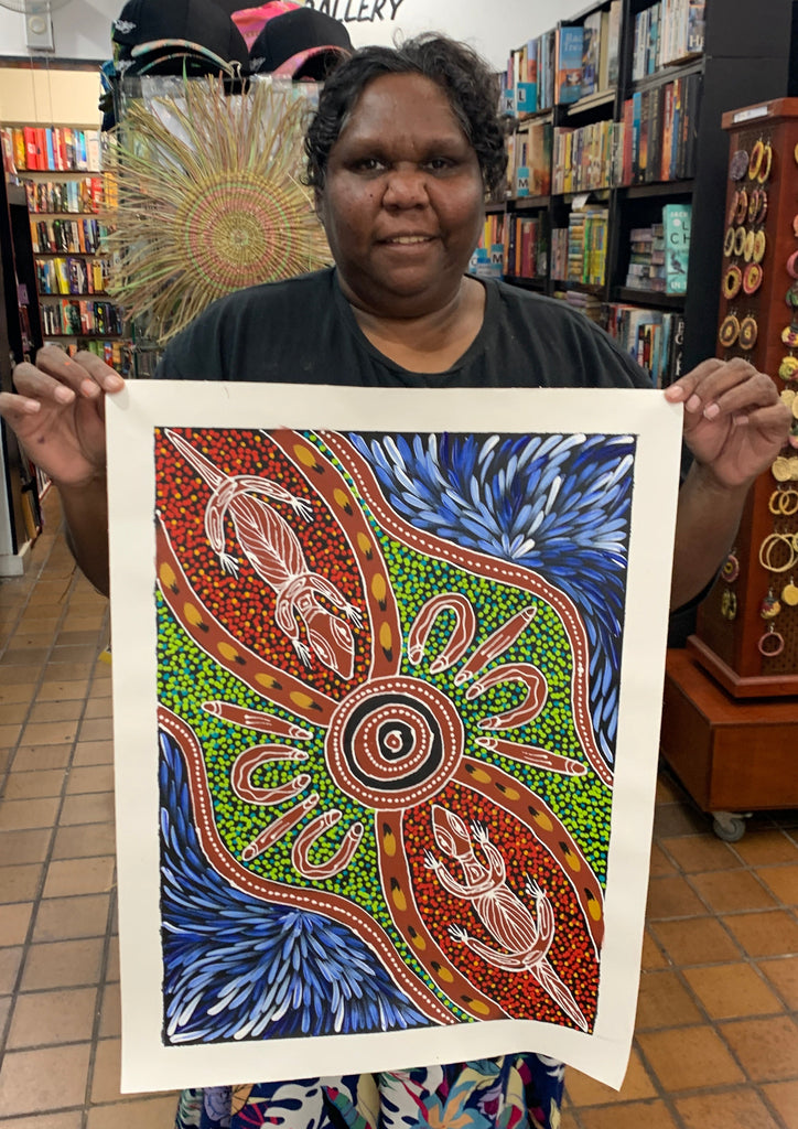 #61 Women Hunting Goanna (Multi) - SHARON NUMINA Aboriginal Art: 39cm x 54cm