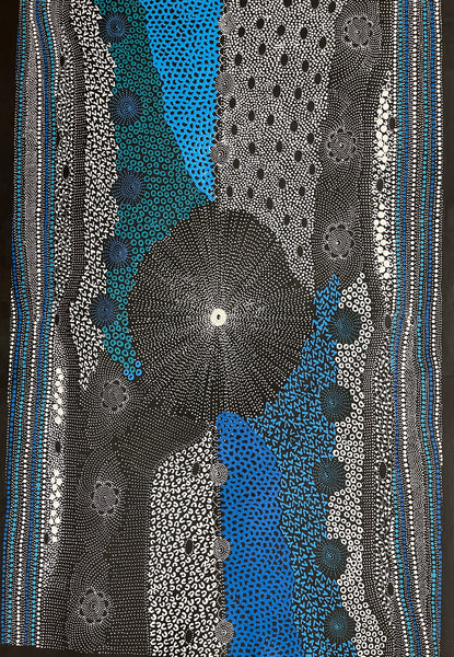 #101 Water Dreaming - Ngapa (Blue)- JANET LONG NAKAMARRA: Aboriginal Art: 90x138cm