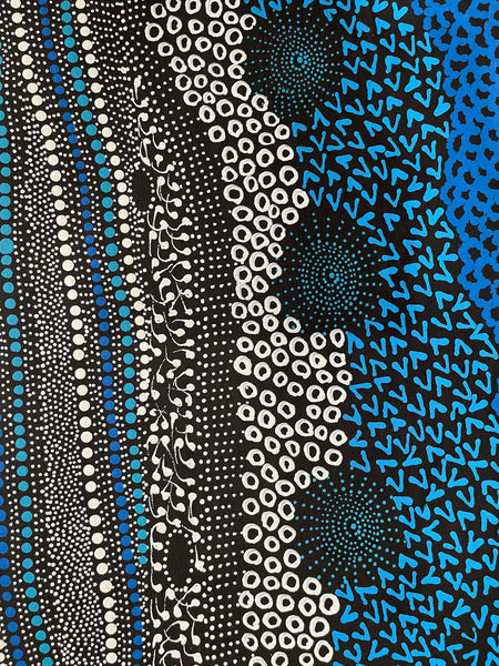 #101 Water Dreaming - Ngapa (Blue)- JANET LONG NAKAMARRA: Aboriginal Art: 90x138cm